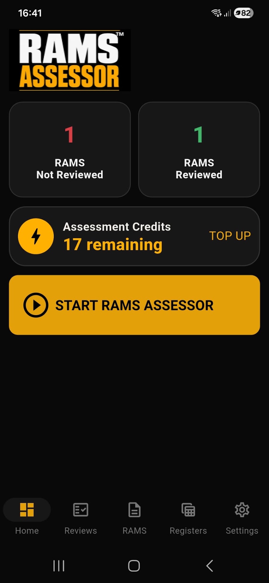 RAMS Assessor dashboard with review status and assessment credits