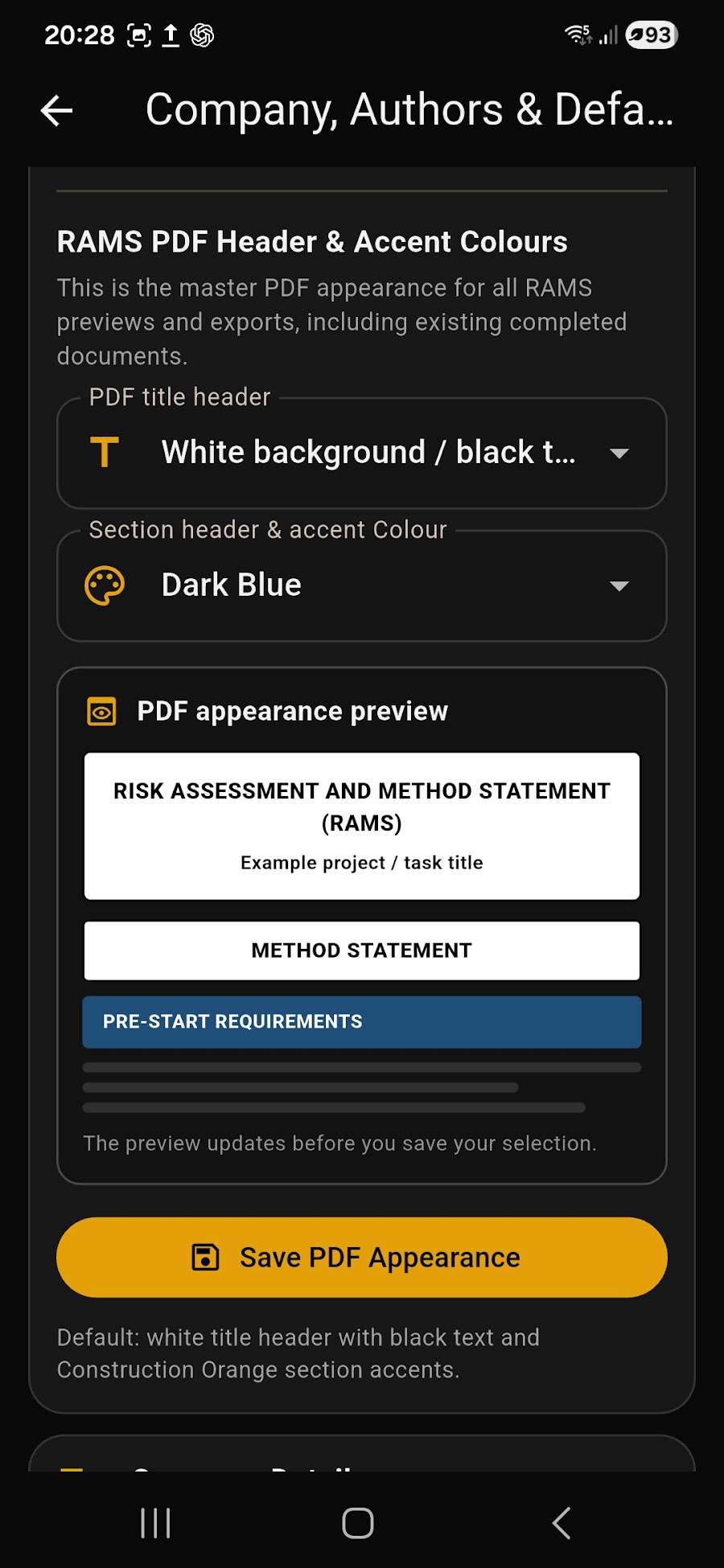 RAMS Mate company-branded PDF appearance preview